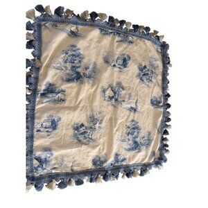 VTG Blue Toile Sm Side Table Cloth  lined Tassel Trim Custom made  27in square